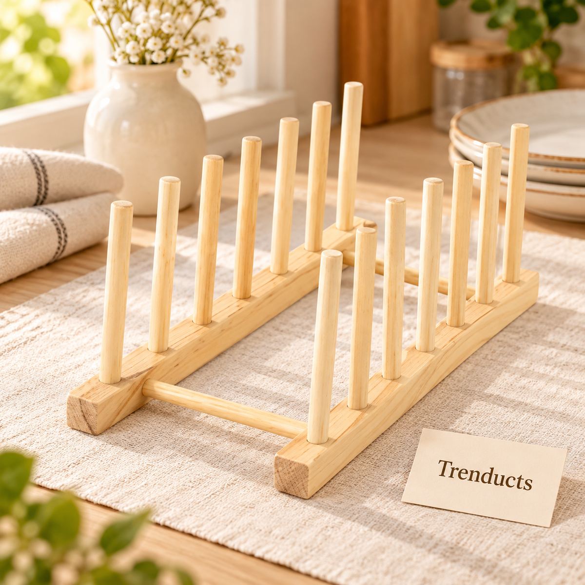 7-Slot Wooden Plate Stand & Dish Organizer