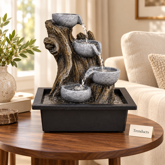 4-Tier Tree Trunk Tabletop Fountain with Stone Bowls – Driftwood Indoor Water Feature