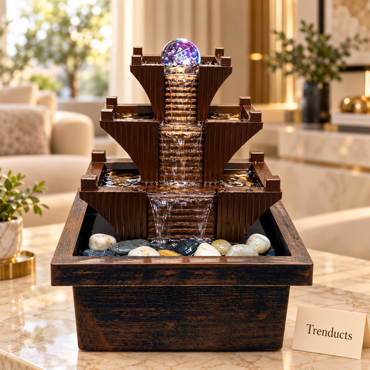 3-Tier Pyramid Tabletop Fountain with Spinning Crystal Ball & LED – Indoor Water Feature (Big Edition)