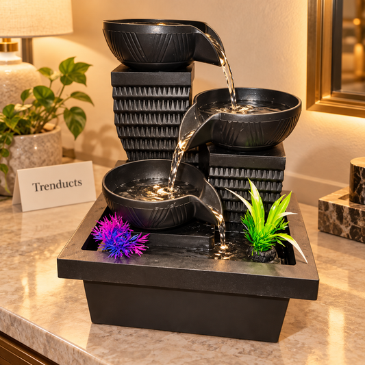 3-Tier Bowl Waterfall Tabletop Fountain with LED & Plants – Zen Home Decor (Big Edition)