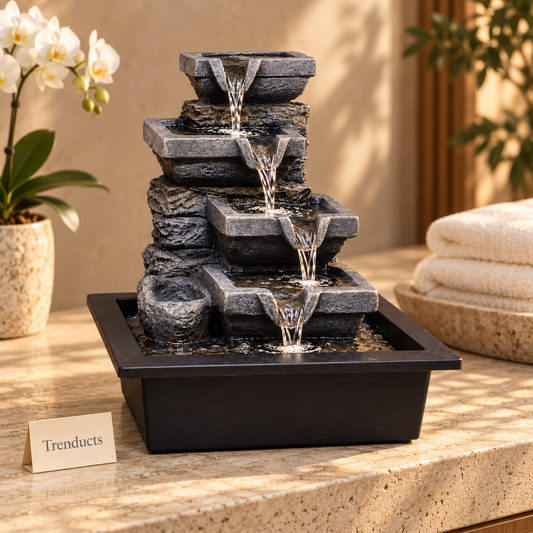 4-Tier Stacked Stone Slab Tabletop Fountain – Natural Rock Cascade Indoor Water Feature
