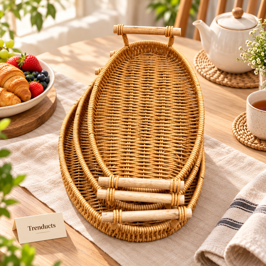 3-Piece Oval Cane Serving Tray Set for Table Decor