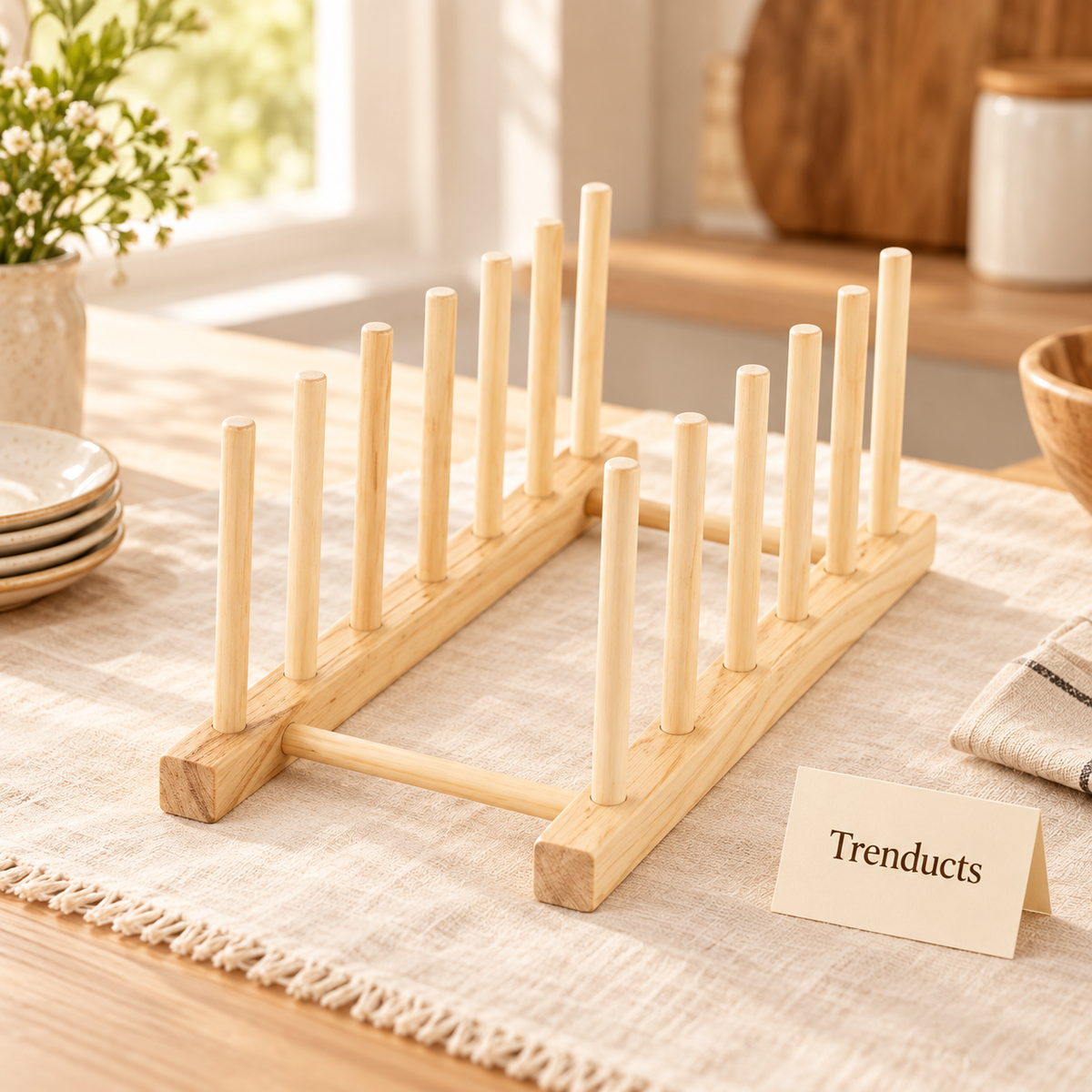 7-Slot Wooden Plate Stand & Dish Organizer